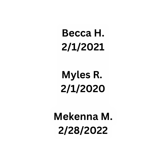 Becca H 2 1 2021 Myles R 2 1 2020 Mekenna M 2 28 2022